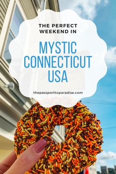 a donut with sprinkles on it and the words, the perfect weekend in mystic confectious usa