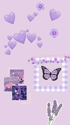 a purple background with hearts, flowers and butterflies in the air above it is an illustration of a butterfly on a checkered tablecloth