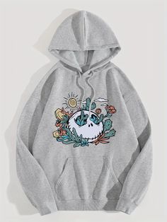 Trendy Floral Skull Print Hoodie: Embrace Winter with Style - Casual H Casual Skull Hoodie For Fall, Casual Hooded Sweatshirt With Skull Print, Casual Skull Print Sweatshirt For Winter, Winter Skull Print Long Sleeve Hoodie, Winter Long Sleeve Hoodie With Skull Print, Casual Skull Print Hoodie, Casual Cotton Hoodie With Skull Print, White Casual Hoodie With Skull Print, Casual White Hoodie With Skull Print