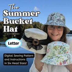 a woman wearing a hat with a bow on it and the words, the summer bucket hat