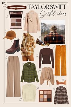 a collage of different outfits and accessories including hats, sweaters, pants, boots