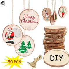 christmas ornaments are hanging from strings and wooden discs with the words diy on them