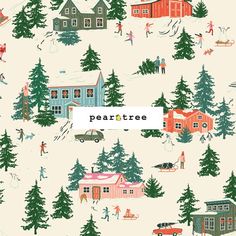 Art Gallery Fabrics Merry Town Christmas Pattern Collection, Christmas Houses Illustration, Colorful Cottage Interiors, Quilt Illustration, Colorful Cottage, Nostalgic Christmas, Cabin Art, Retro Collection, Building Illustration