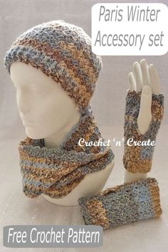 a crochet hat and glove set with text that says paris winter accessory set