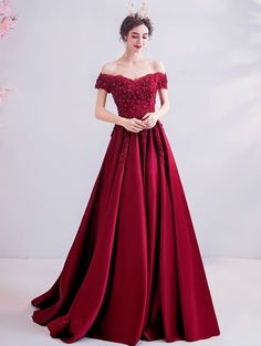 Red Off-the-Shoulder Lace Beading Gothic Wedding Dress - Devilnight.co.uk #gothicdress#longgothicdress#sexygothicdress#redgothicdress#gothicweddingdress Dark Red Prom Dress, Prom Dress Burgundy, Burgundy Evening Dress, Red Floor, Floor Length Prom Dresses, Burgundy Lace, Custom Size Dresses, Dresses Evening, Dress Silhouette