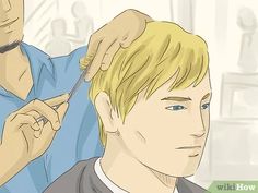 a young man getting his hair cut by an older man who is wearing a blue shirt