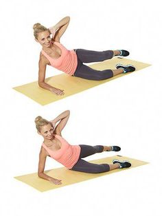 a woman doing an exercise on a mat with one leg up and the other down