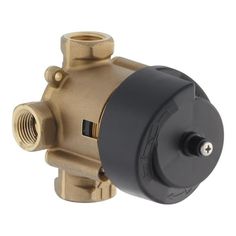 a brass colored water pump on a white background