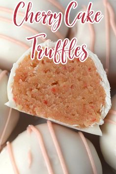 there is a piece of cake truffles with pink icing on it and the words cherry cake truffles