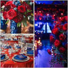 red and blue flowers in vases on tables with place settings for the dinner table