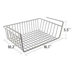 a wire basket is shown with measurements for the top and bottom section, as well as its width