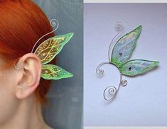 a woman with red hair and green leaves on her ear is shown next to an image of a butterfly brooch