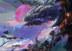 an artistic painting of a dragon flying over a city in the sky with people on it