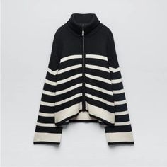 Brand New Zara Zip Up Striped Cardigan Size Small. This Is The Best Knit Ever! It Is Thicker Which Makes It Feel Very Expensive! It Is A Size Small But Depending On The Look You Want Most Sizes Can Fit. Kind Of An Oversized Type Look Like Seen In Pics. It’s Beautiful!!. White Zara Cardigan For Winter, White Knit Outerwear From Zara, White Knit Outerwear By Zara, White Knit Cardigan By Zara, Zara White Cardigan For Fall, Zara White Outerwear For Layering, Zip Up Cardigan, Collar Cardigan, Zara Sweater