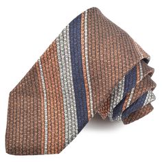 Mocha, Melon, and Navy Heather Tone Multi Bar Stripe Silk, Linen, and Cotton Woven Tie by Dion Neckwear Luxury Striped Ties, Luxury Striped Business Ties, Silk Linen, Stripe Silk, Cotton Weaving, Melon, Mocha, 1 2 3, Heathers