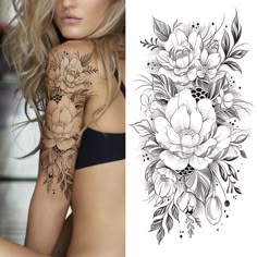 a woman's arm with flowers and leaves tattoo on the left side of her body