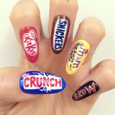 M&m Nails, Food Nails Designs, Nail Designs For Kids, Brand Nails, Food Nail Art, Unicorn Nails Designs, Food Nails, Crazy Nail Art, Fake Nails Designs