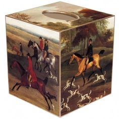 a box with horses and dogs painted on the sides, in front of a white background