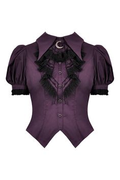 This beautiful purple blouse features a detachable ruffled jabot trimmed with black lace and featuring a luna moon crescent charm. This slim fit blouse has puffed short sleeves trimmed with black lace, and a bat wing shaped collar. Fabric  100% Cotton. Sizes: XS-XXL. Please see last image for measurements and details. Mode Rockabilly, Frilly Collar, Dark In Love, Attitude Clothing, Fitted Blouses, Purple Blouse, Purple Shirt, Maxi Robes