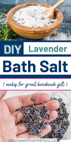 lavender bath salt in a wooden bowl next to a hand holding a spoon with lavender on it