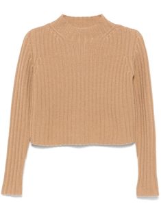 sand beige wool-cashmere blend chunky ribbed knit crew neck drop shoulder long sleeves unlined straight hem Camel Sweaters, Sweater Brown, Cashmere Blend Sweater, Chunky Knitwear, Sand Beige, Ribbed Knit Sweater, Beige Sweater, Brown Sweater, Cashmere Wool