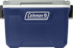 a blue cooler with the name coleman on it and white trim around the bottom part