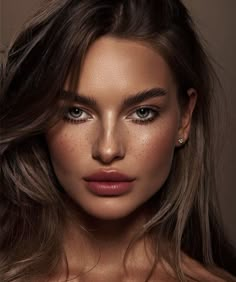 a woman with freckles on her face is looking at the camera and has brown eyes