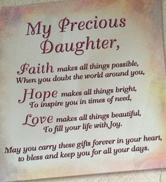 a card with the words my precious daughter written on it