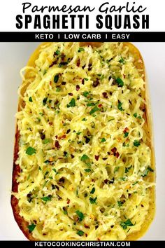 an egg casserole dish with parmesan garlic on top and text overlay