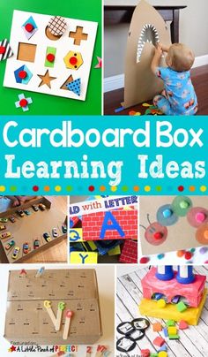 cardboard box learning ideas for toddlers and older children to learn letters, numbers, shapes