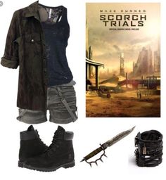 a woman's clothing and accessories including boots, an umbrella and a movie poster