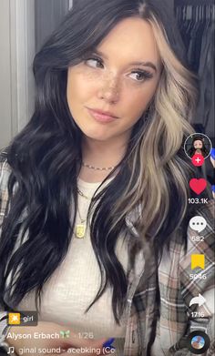 Dark Hair Peekaboo, Edgy Long Hair Color, Black And Brown Hair Two Tone, Brunette With One Blonde Streak, Edgy Peekaboo Hair, Blonde Money Piece Dark Hair Side Part, Blonde Side Pieces On Dark Hair, Ashley Mcbryde Hair, Dark Hair With Blonde Pieces