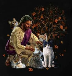 a painting of jesus surrounded by cats