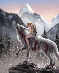 a painting of a woman sitting on top of a wolf