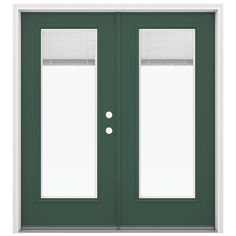 a green double door with blinds on the top and side panels, in front of a white background