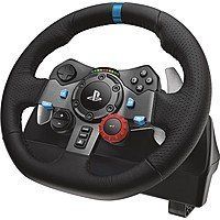 the steering wheel is black with blue and red buttons on each side, along with four pedals