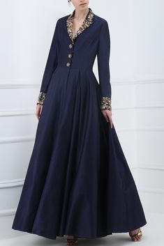 Navy blue embroidered front open gown available only at Pernia's Pop Up Shop. Front Open Anarkali, Indian Gown Design, Front Open Gown, Samant Chauhan, Long Gown Dress, Indian Gowns Dresses, Cocktail Gowns, Embellished Gown