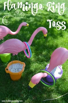 flamingo ring tossers in the grass with buckets and sand inside them,