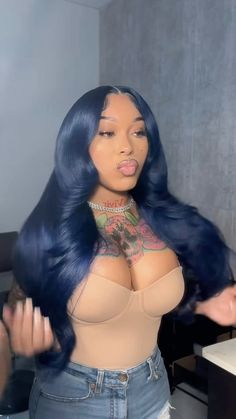 Hairstyles With Quick Weave, Colored Hair Natural, Hair Colors On Black Women, Blue Hair Wig, Dyed Hair Colors, Bundles Hairstyles, Silk Press Hairstyles, Loc Colors, Blue Black Hair Color