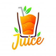 the juice logo is orange and has green leaves on it, with an orange drink in the