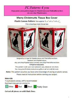 the instructions for this christmas tissue box cover are shown in red and white, with black silhouettes on it