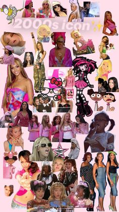 a collage of barbie dolls and their names on it's pink background, with the