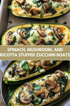 spinach, mushroom, and ricotta stuffed zucchini boats in a pan