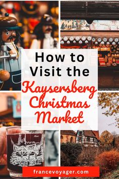 the words how to visit the kapseenberg christmas market in germany with pictures of buildings and