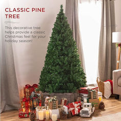 a christmas tree surrounded by presents in front of a window with the words classic pine on it