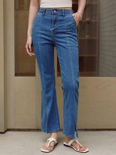 A way to express your unique beauty. Proposing a luxurious and comfortable sensibility with a modern mood and sophisticated elegance of the Timeless new classic that does not change over time.- These denim bootcut pants are made from functional cool fabric.- The bottom features a bootcut line with front seam lines that elongate the leg line and create a slimming fit.- They have a suitable length that looks great with heels as well as sneakers.- The front slit at the bottom enhances the bootcut shape, making it flattering even with low heels and creating a glamorous body line.- Recommended for a beautiful summer look, these pants are perfect for wearing stylishly this summer. Bootcut Pants, Unique Beauty, Summer Look, New Classic, Beautiful Summer, Cool Fabric, Summer Looks, Low Heels, Stretch Denim