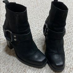 Absolutely Stunning Boot With 4 Inch Wood Heel And Buckle Detail. Worn Once. Great Quality Wood Heel, Suede Ankle Boots, All Saints, Biker Boot, Bootie Boots, Ankle Boot, Ankle Boots, Black Leather, Women Shoes