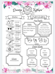 a printable wedding seating plan with flowers and ribbons on the front, in black and white