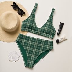 British racing green and sage green plaid pattern looks great on a timeless bikini fit. Lining is a British racing green color. Sizes up to 3XL. Bikini is made from recycled material. Please check the sizing chart between the listing photos. Item description: * fabric composition in the EU: 88% recycled polyester, 12% elastane, * fabric weight in the EU (may vary by 5 6.78 oz/yd² (230 g/m * fabric composition in MX: 81% REPREVE recycled polyester, 19% LYCRA XTRALIFE,  * fabric weight in MX (may Plaid Triangle Top Swimwear For Beachwear, Plaid Triangle Top Beachwear Swimwear, Plaid Swimwear For Vacation Beach Season, Plaid Swimwear For Poolside And Beach Season, Plaid Swimwear For Pool In Beachwear Style, Plaid Swimwear For Pool And Beach Season, Plaid Beachwear Swimwear For Beach Season, Plaid Beachwear Swimwear, Plaid Beachwear For Beach Season