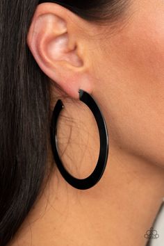 A flattened gunmetal bar dramatically curls into an oversized hoop for a trendy look. Earring attaches to a standard post fitting. Hoop measures approximately 2 3/4" in diameter. Paparazzi Jewelry Images, Black Hoop Earrings, Black Hoops Earrings, Copper Bar, Paparazzi Accessories, Black Earrings, Paparazzi Jewelry, Jewelry Business, Brass Earrings